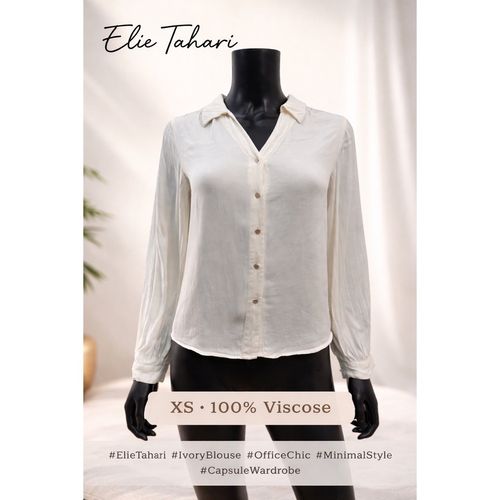 Elie Tahari Ivory Button Front Blouse XS Long Sleeve Viscose Shirt
